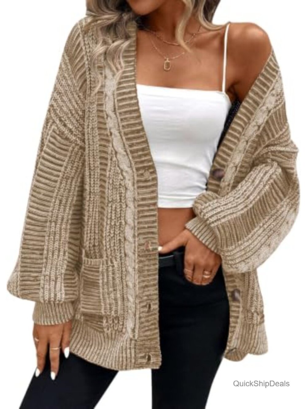 Oversized Cable Knit Cardigan Sweater with Pockets